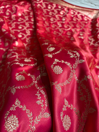 Cross Peach Shades Floral Jaal Pattern Satin Katan Silk saree SK55