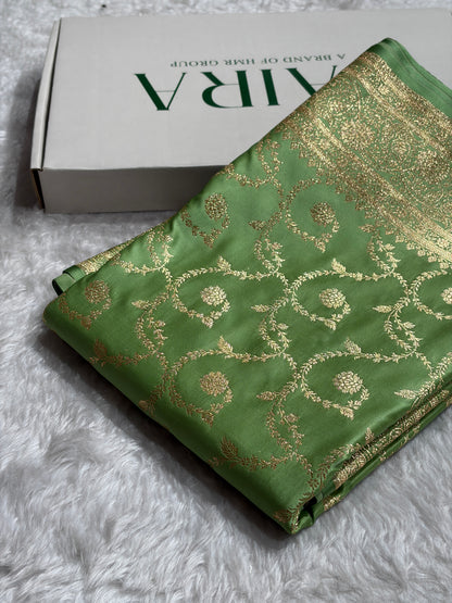 Pista Green Shades Floral Jaal Pattern Satin Katan Silk saree SK55