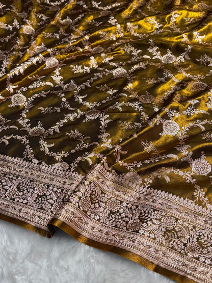 Light Weight Mehendi Satin Silk Saree with Swarovski work BSS14