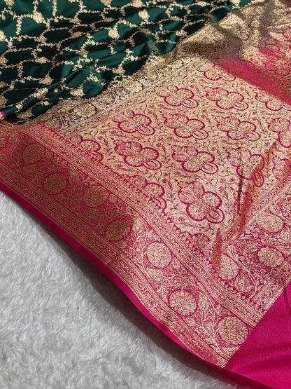 Banarasi Contrast Satin Katan Saree With Jaal Pattern in Bottle Green With Rani Shades SK124