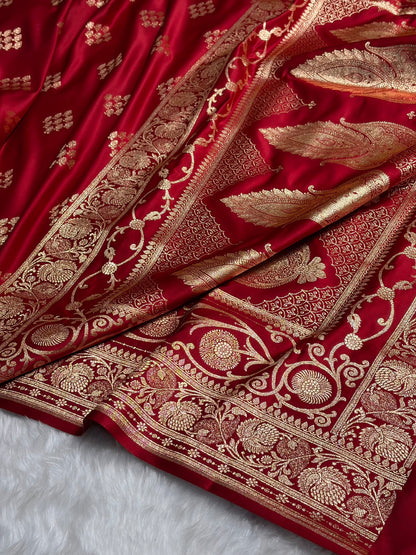 Red Floral Boota Satin Katan Silk saree SK34