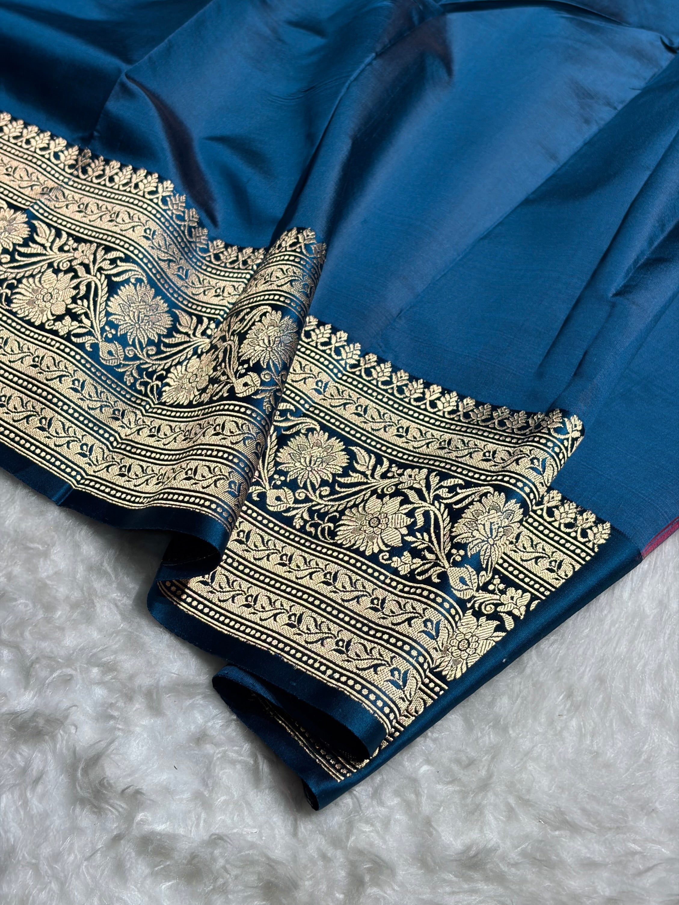 Contrast Pure Banarasi Organza Baby Pink With German Blue Floral Banarasi Silk Saree PO-14