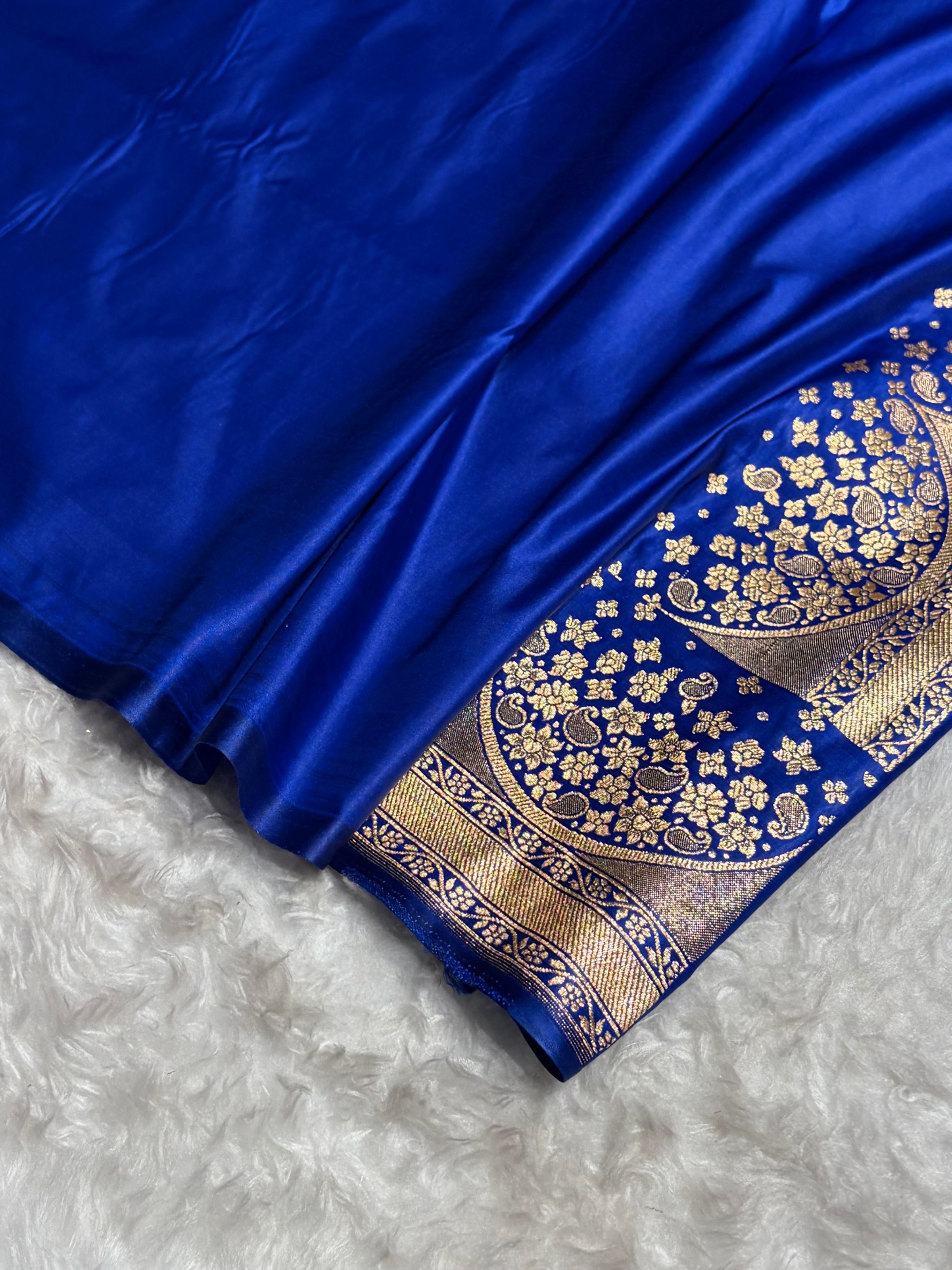 Royal Blue Floral Banasari Pattern Satin Katan Silk Saree SK83