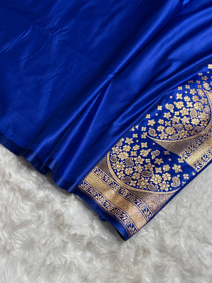 Royal Blue Floral Banasari Pattern Satin Katan Silk Saree SK83