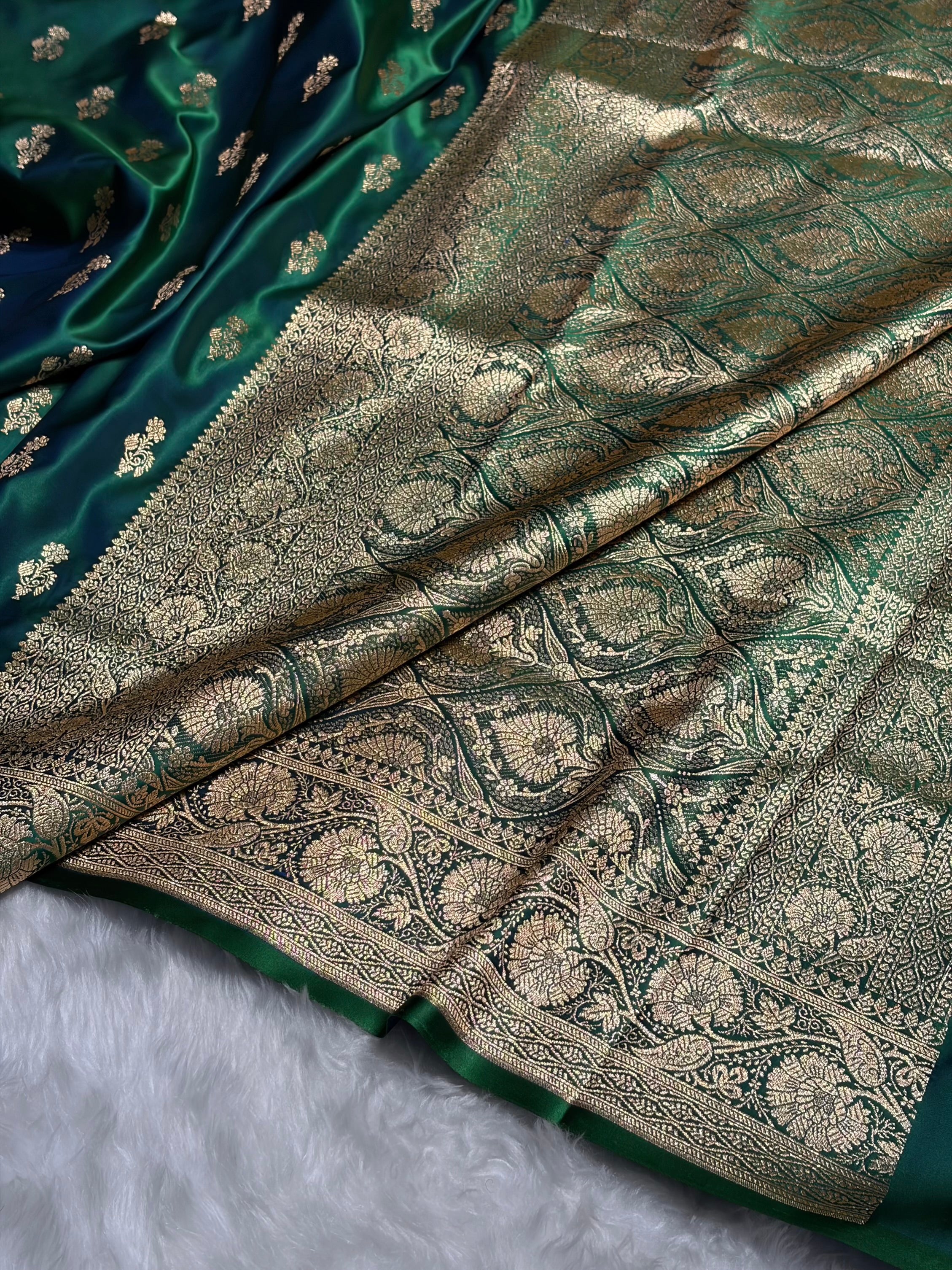 Cross Green Unique Boota Pattern Satin Katan Silk Saree SK68