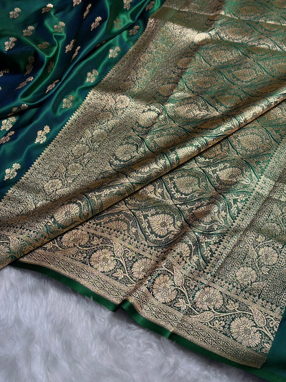 Cross Green Unique Boota Pattern Satin Katan Silk Saree SK68