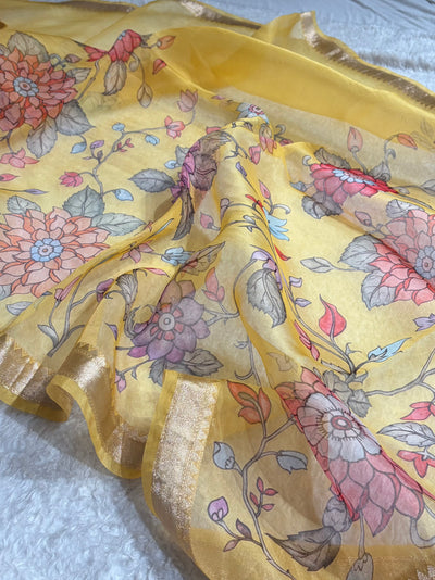 Yellow Organza with Pastel Multicolor Florals & Gold Zari Border POP06