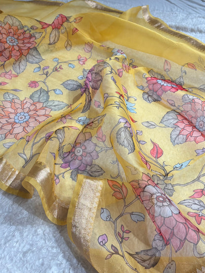 Yellow Organza with Pastel Multicolor Florals & Gold Zari Border POP06
