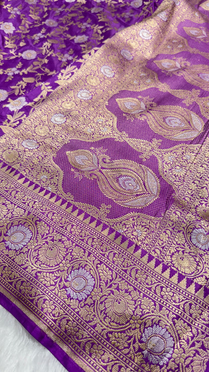 Lavender Shades Rupa Sona Jaal Pure Katan Silk Handloom Banarasi Saree | SKU - ZP07