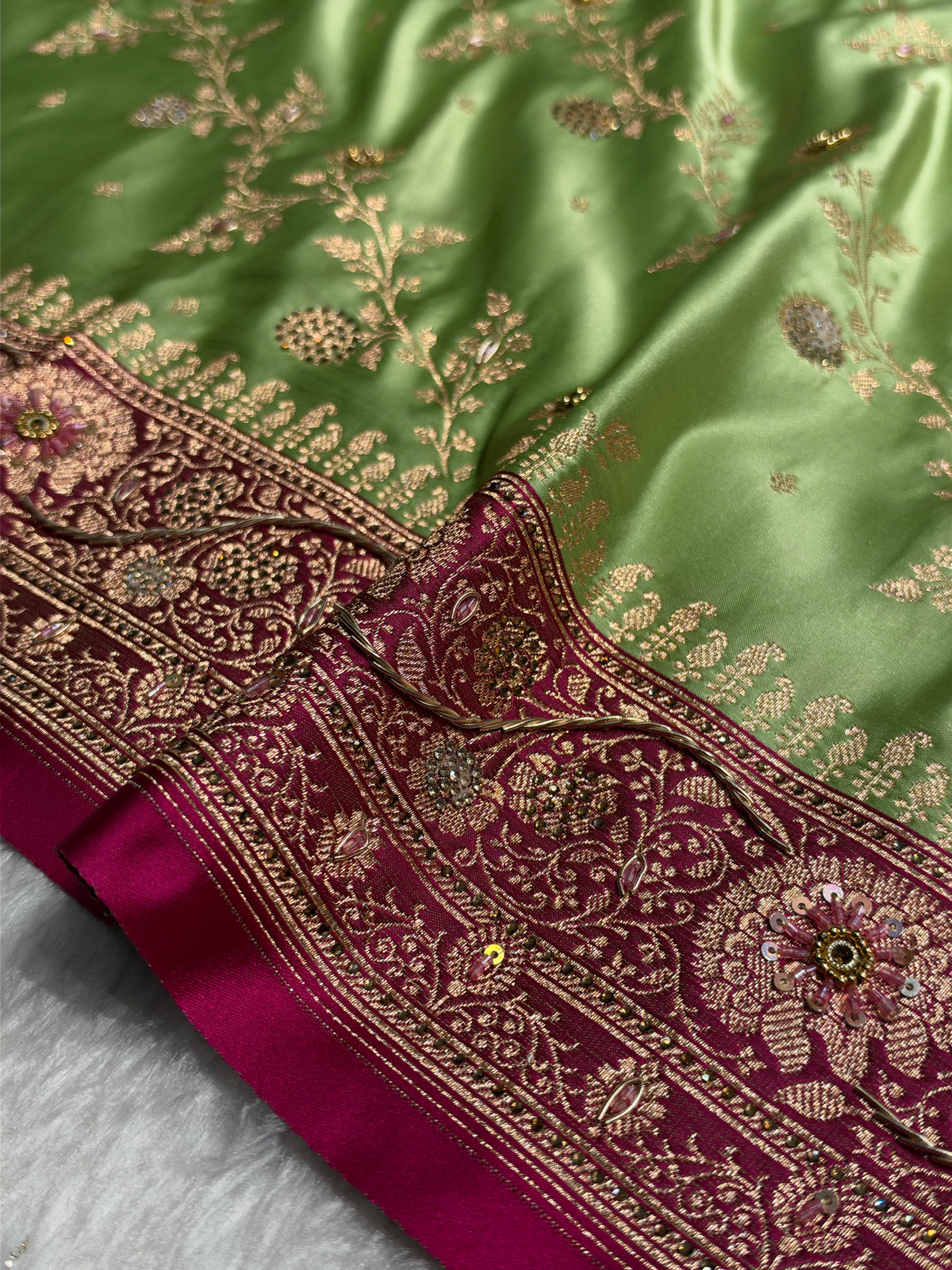 Pista and Rani Contrast Banarasi Satin Katan Saree With Aari Zardozi Work Boota in Cross Pista Green Shades BSK157