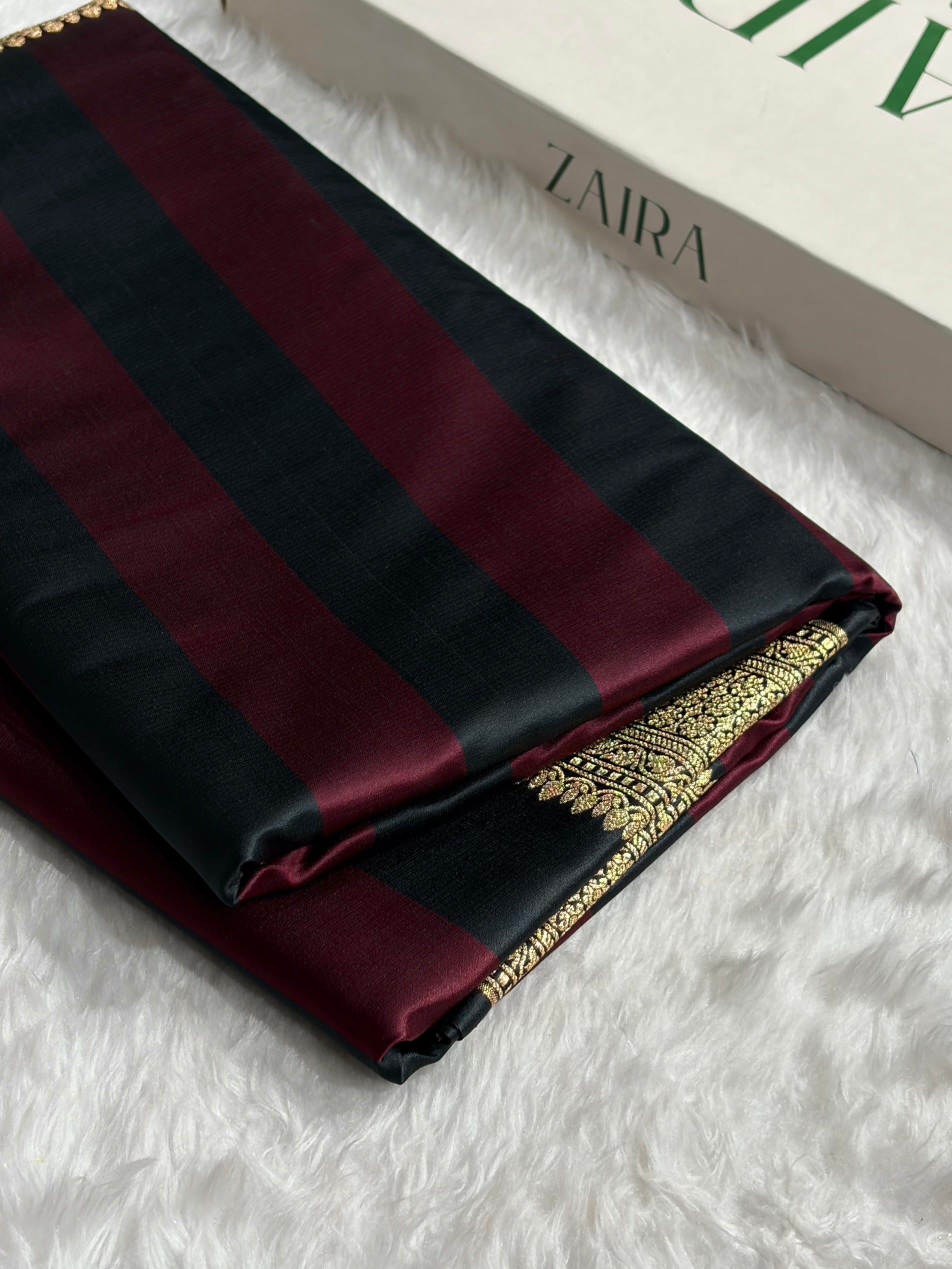 Dark Garnet With Black Horizontal Strips Floral Border & Brocade Blouse Mashru Silk Saree MSM-84