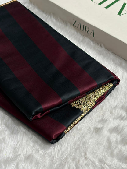 Dark Garnet With Black Horizontal Strips Floral Border & Brocade Blouse Mashru Silk Saree MSM-84