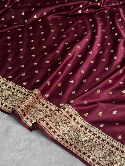 Garnet Floral Pattern Satin Katan Silk Saree SK78