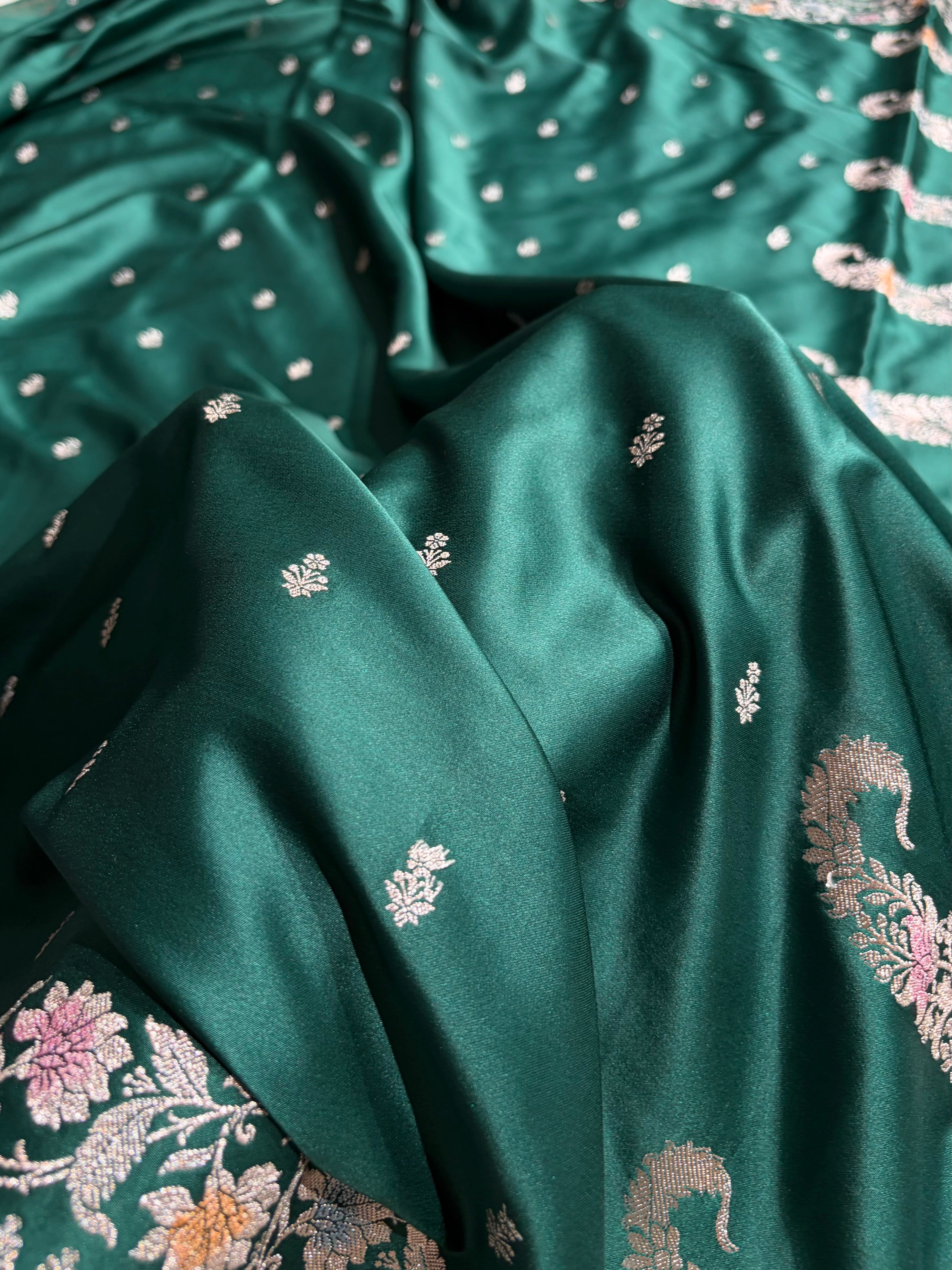 Banarasi Dark Rama Shades Minakari Floral Mashru Silk Saree MS88