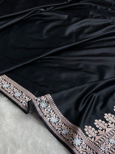Black Shades Plain Banarasi With Minakari Floral Border Mashru Silk Saree MSM-123