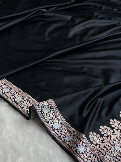 Black Shades Plain Banarasi With Minakari Floral Border Mashru Silk Saree MSM-123
