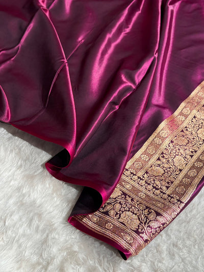 Wine Shades Jaal Pattern Banarasi Satin Silk Saree SS48