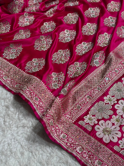 Premium Birdal Banarasi Satin Katan Saree With Swarovski Ari & Zardozi Work Minakari Boota in Rani Shades BSK93