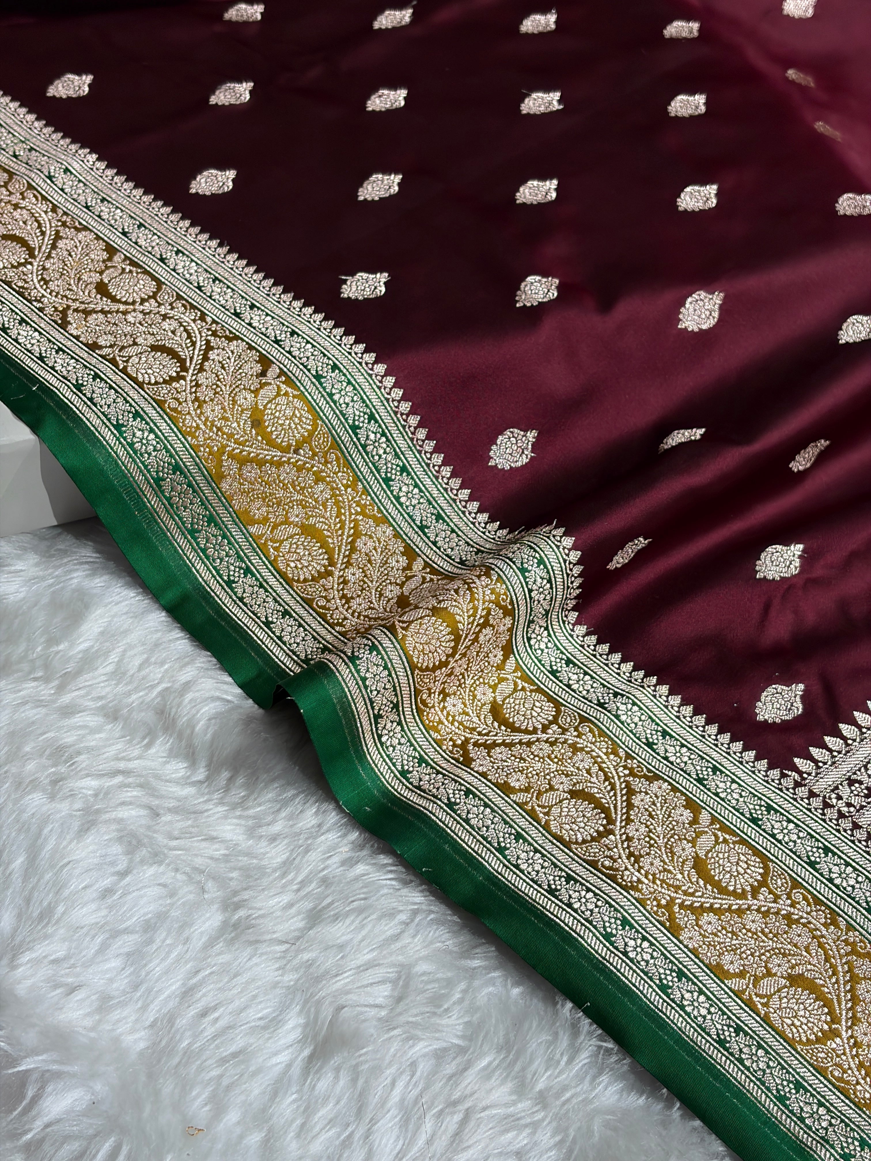 Banarasi Chocolate With Contrast Liril Green Floral Border Mashru Silk Saree MSM-101