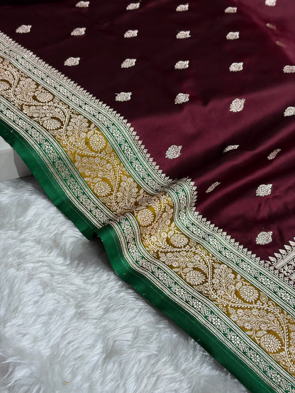 Banarasi Chocolate With Contrast Liril Green Floral Border Mashru Silk Saree MSM-101