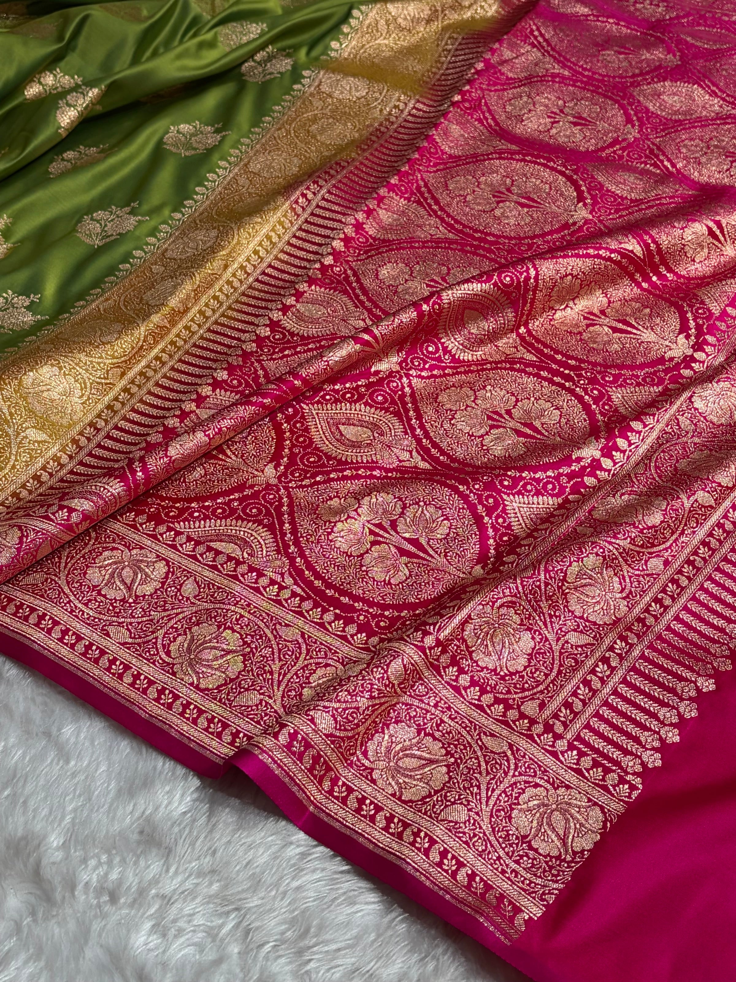 Contrast Banarasi Satin Katan Saree Booti Pattern in Mahndi/ Rani Shades SK140