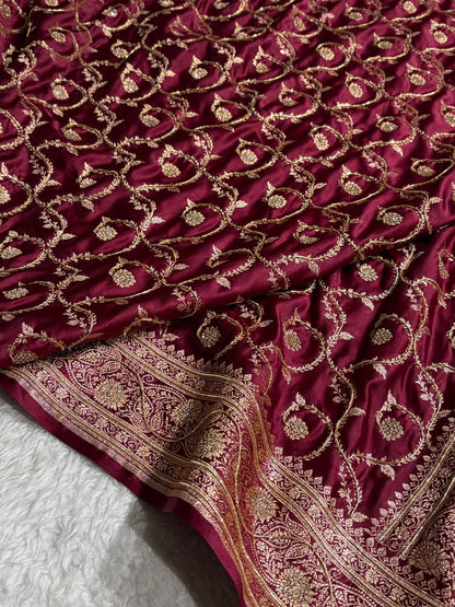 Banarasi Chocolate Shades Jaal Pattern With Swarovski Stone & Zardozi Satin Katan Silk Saree BSK55