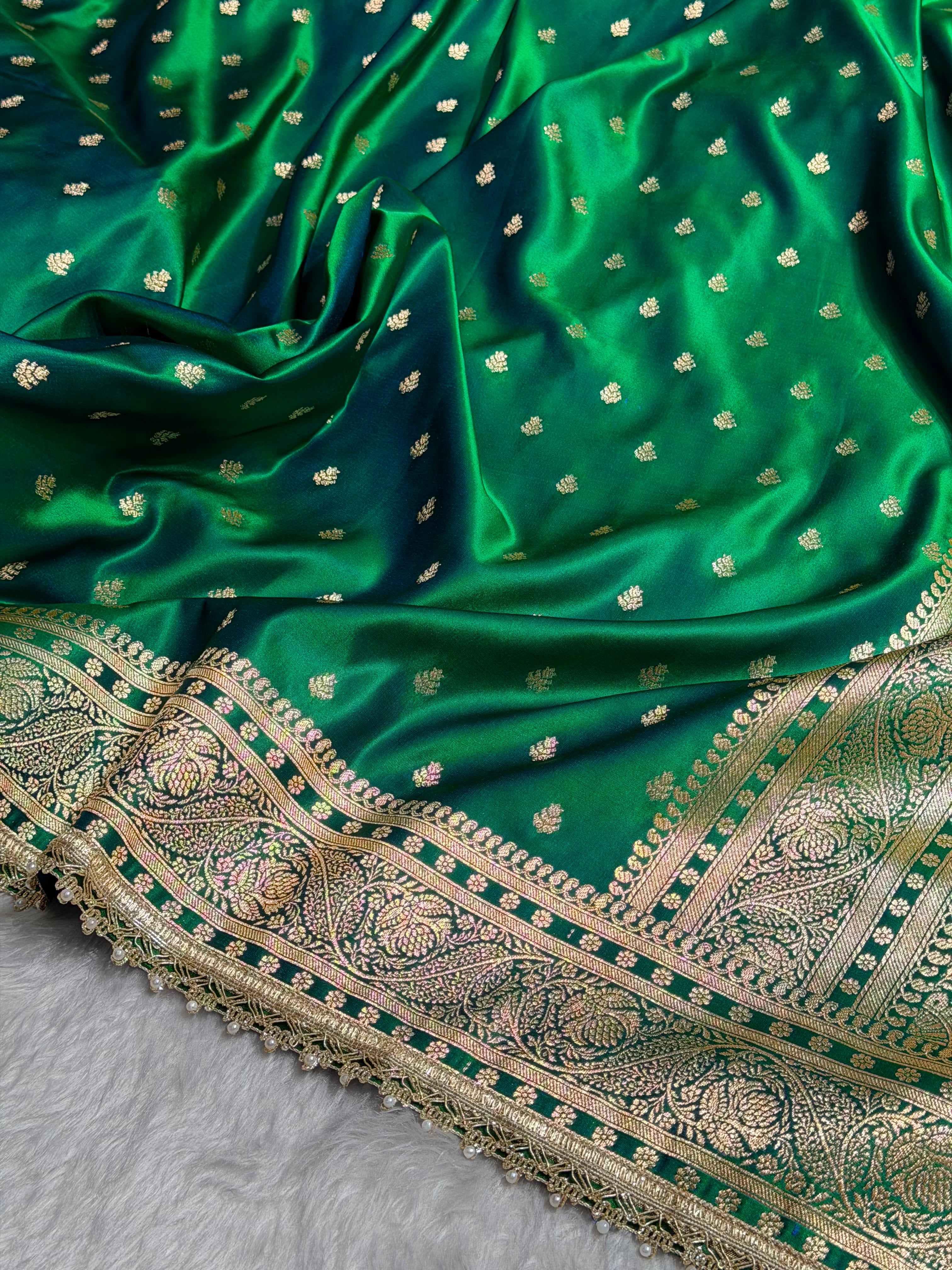 Cross Green Floral Pattern With Gotta Patti Satin Katan Silk Saree SKGP78