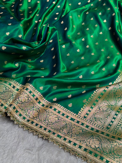 Cross Green Floral Pattern With Gotta Patti Satin Katan Silk Saree SKGP78
