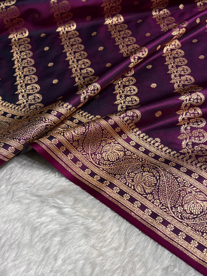 Wine Shades Cross Floral Pattern Satin Katan Silk Saree SK79