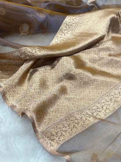 Cross Mustard Blue Bananasi Floral Shades Pure Tissue Silk Saree PT-36