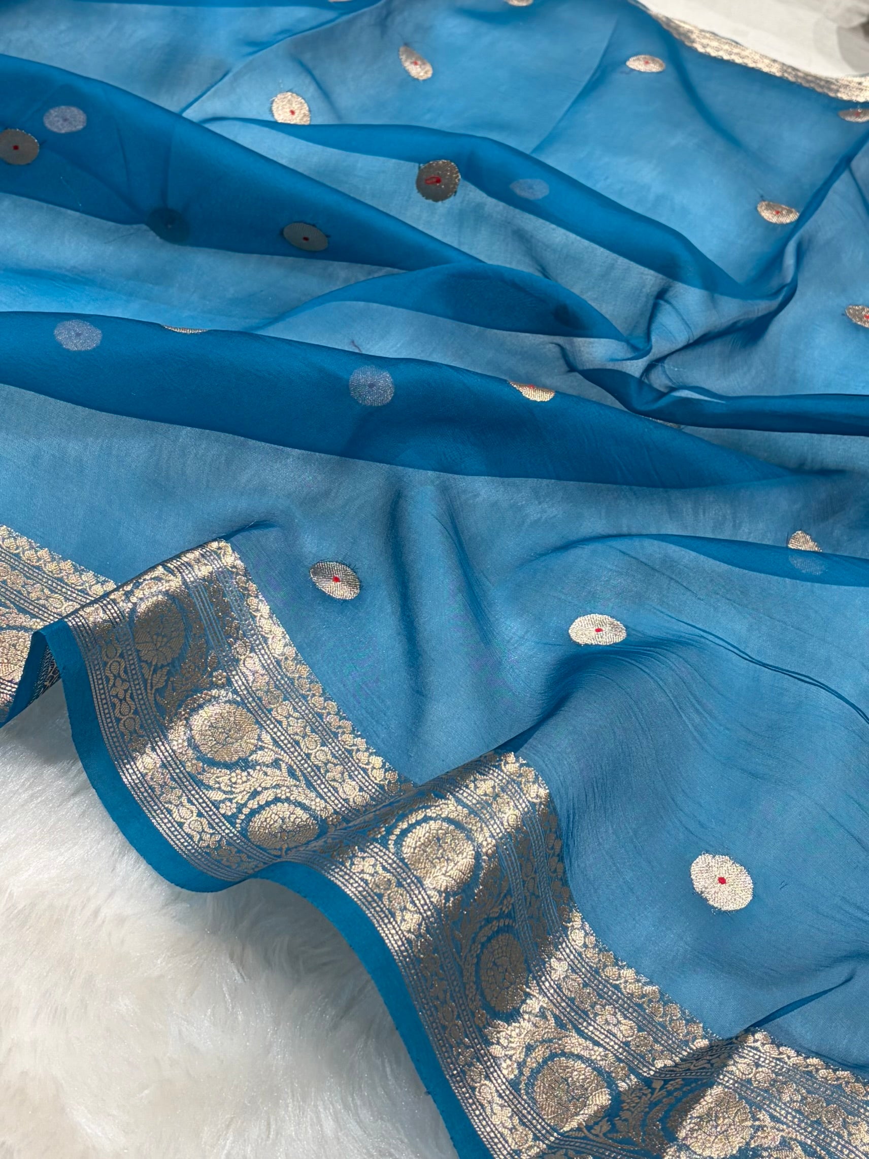 Pure Banarasi Organza Firozi Shades With Minakari Floral Banarasi Silk Saree PO-28