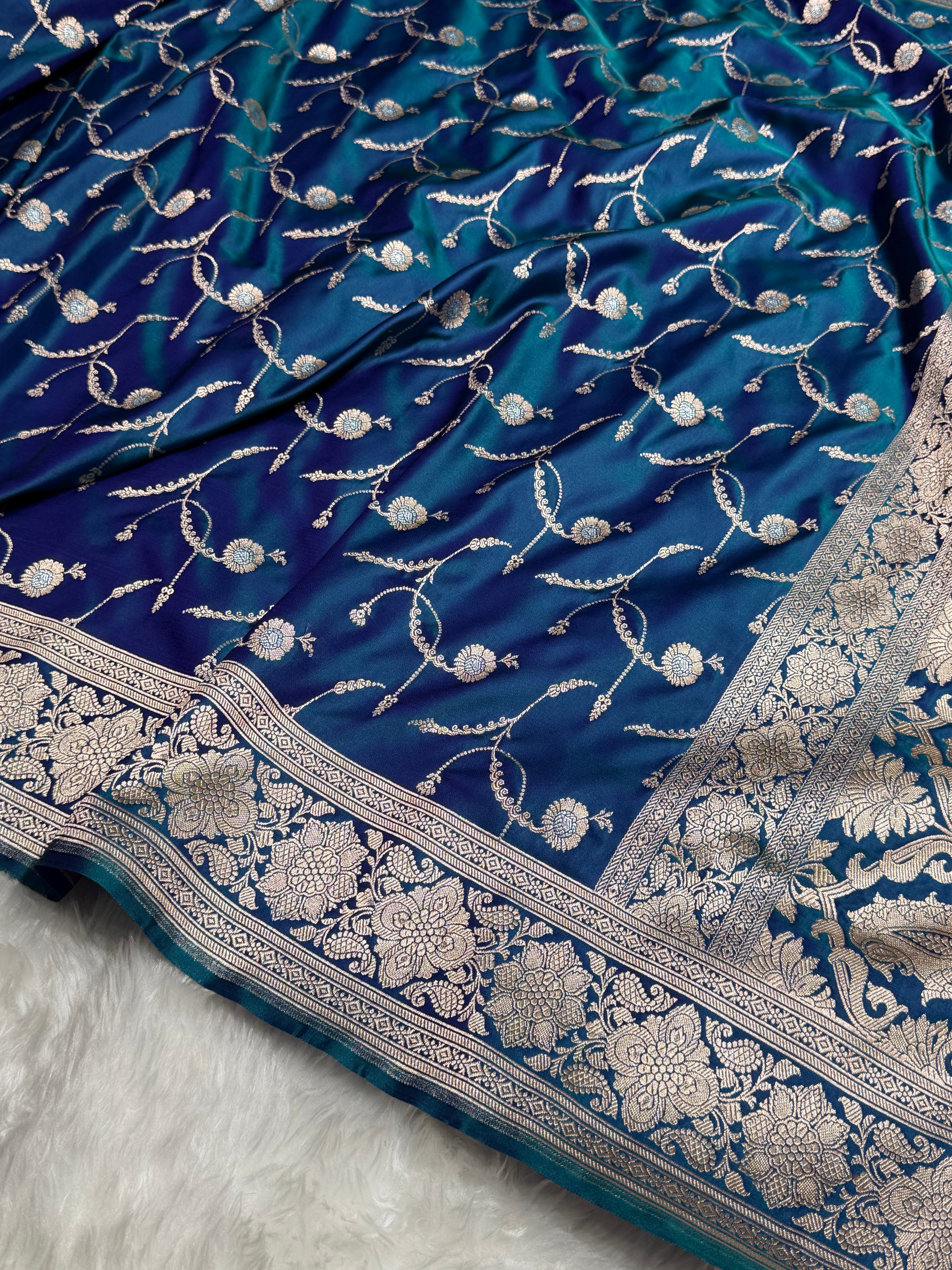 Peacock Shades Banarasi Jaal Pattern Floral Minakari Mashru Silk Saree MSM-103