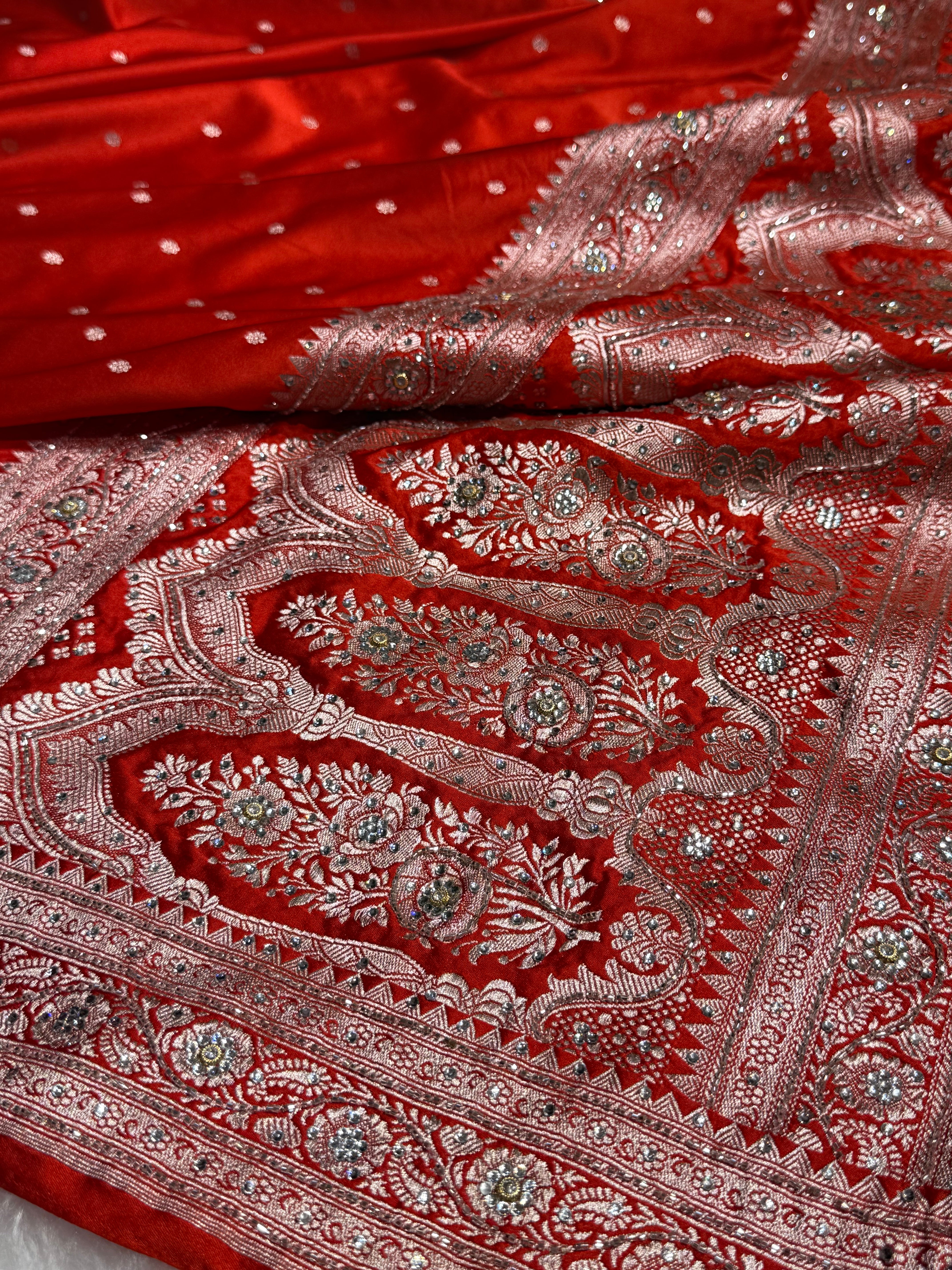 Bridal Rusty Orange Booti Mashru Silk Saree with Ari and Stone Work