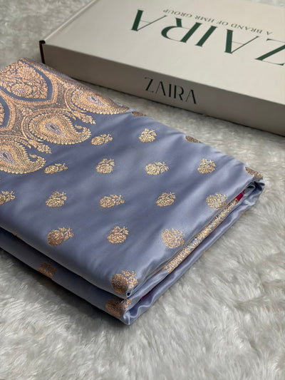 Floral boota Satin katan Silk Saree In Powder Blue Shades SK12