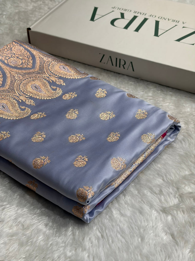 Floral boota Satin katan Silk Saree In Powder Blue Shades SK12