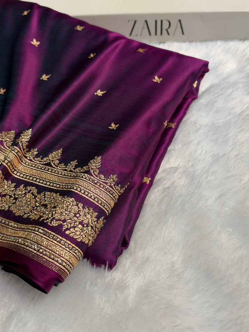 Wine Banarasi Swarovski Work Booti Katan Silk Saree BSKM17