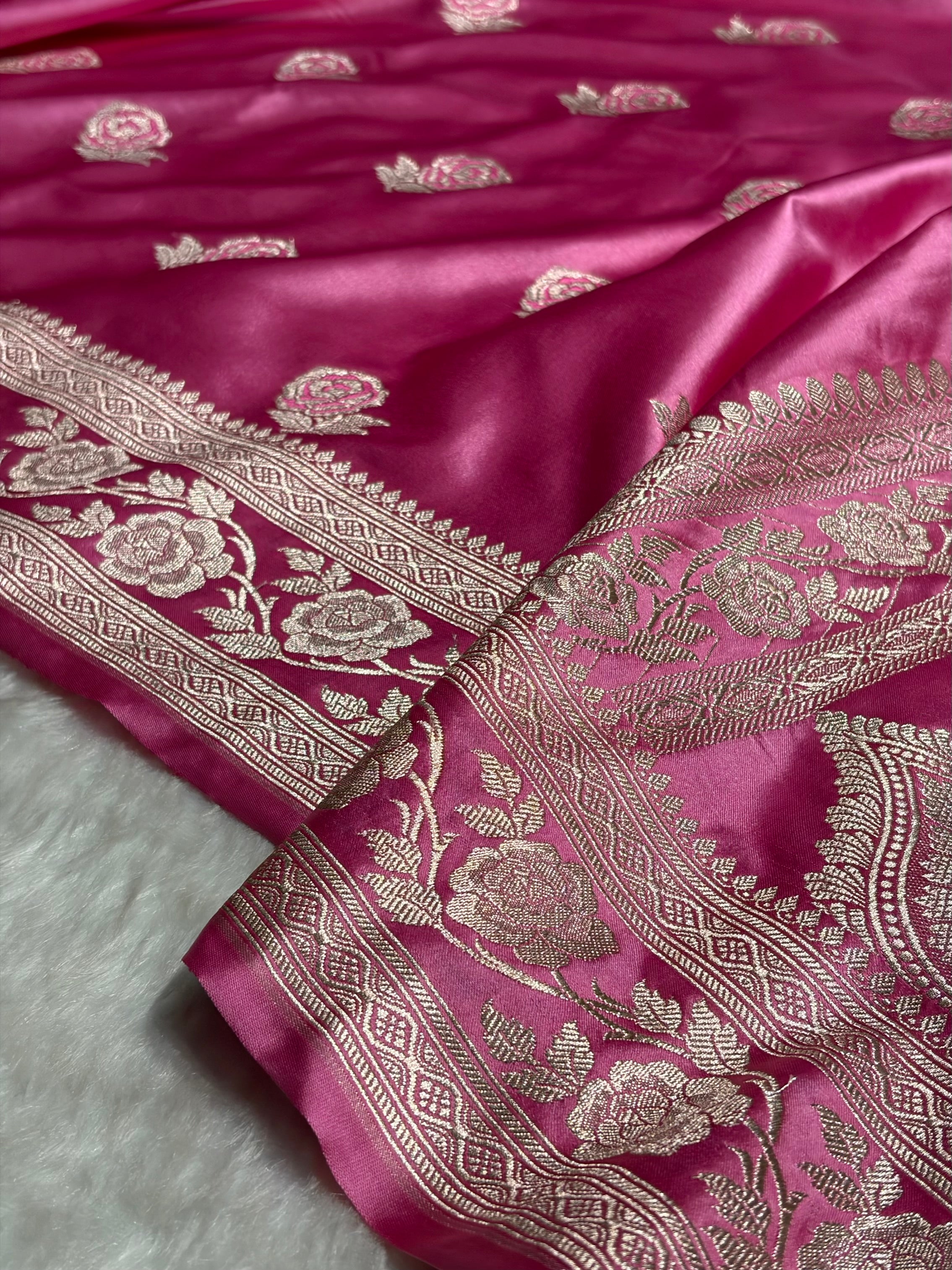 Baby Pink Rose Motif Mashru Silk Saree