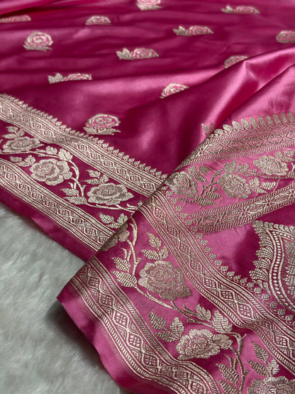 Baby Pink Rose Motif Mashru Silk Saree