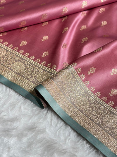 Contrast Baby Pink / Turquoise Floral Booti Banarasi Satin Katan Silk Saree SK16