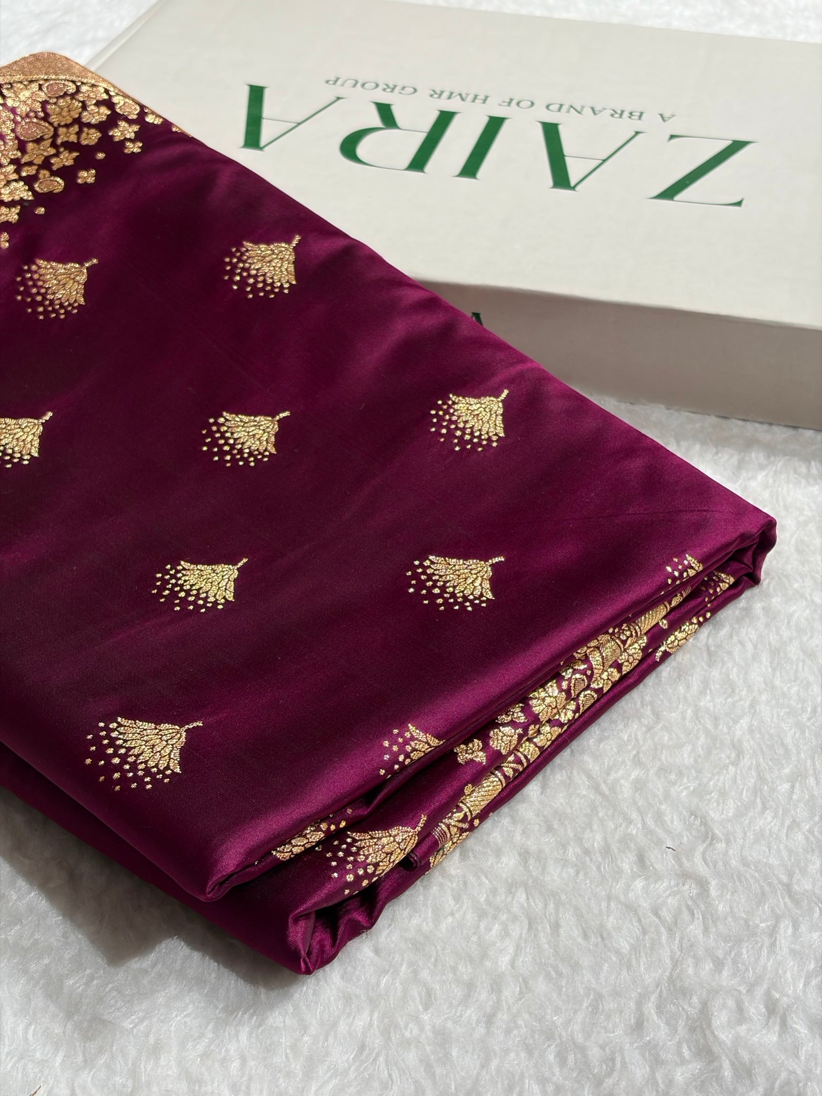 Wine Floral Banasari Pattern Satin Katan Silk Saree SK83