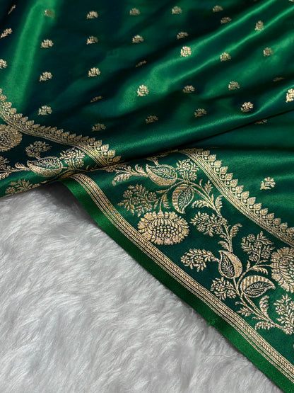 Cross Green Floral Pattern Satin Katan Silk Saree SK77