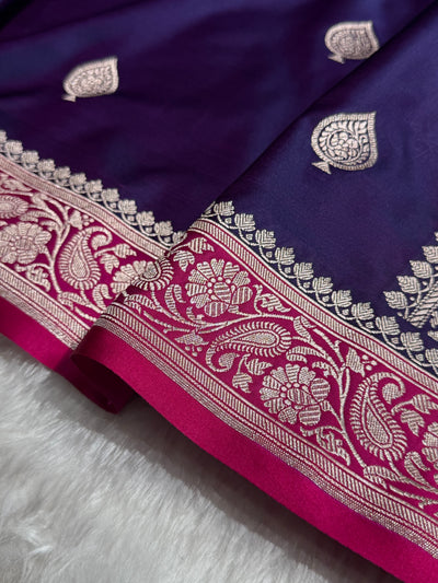 Contrast Banarasi Satin Katan Saree Booti Pattern in Purple / Rani Shades SK140