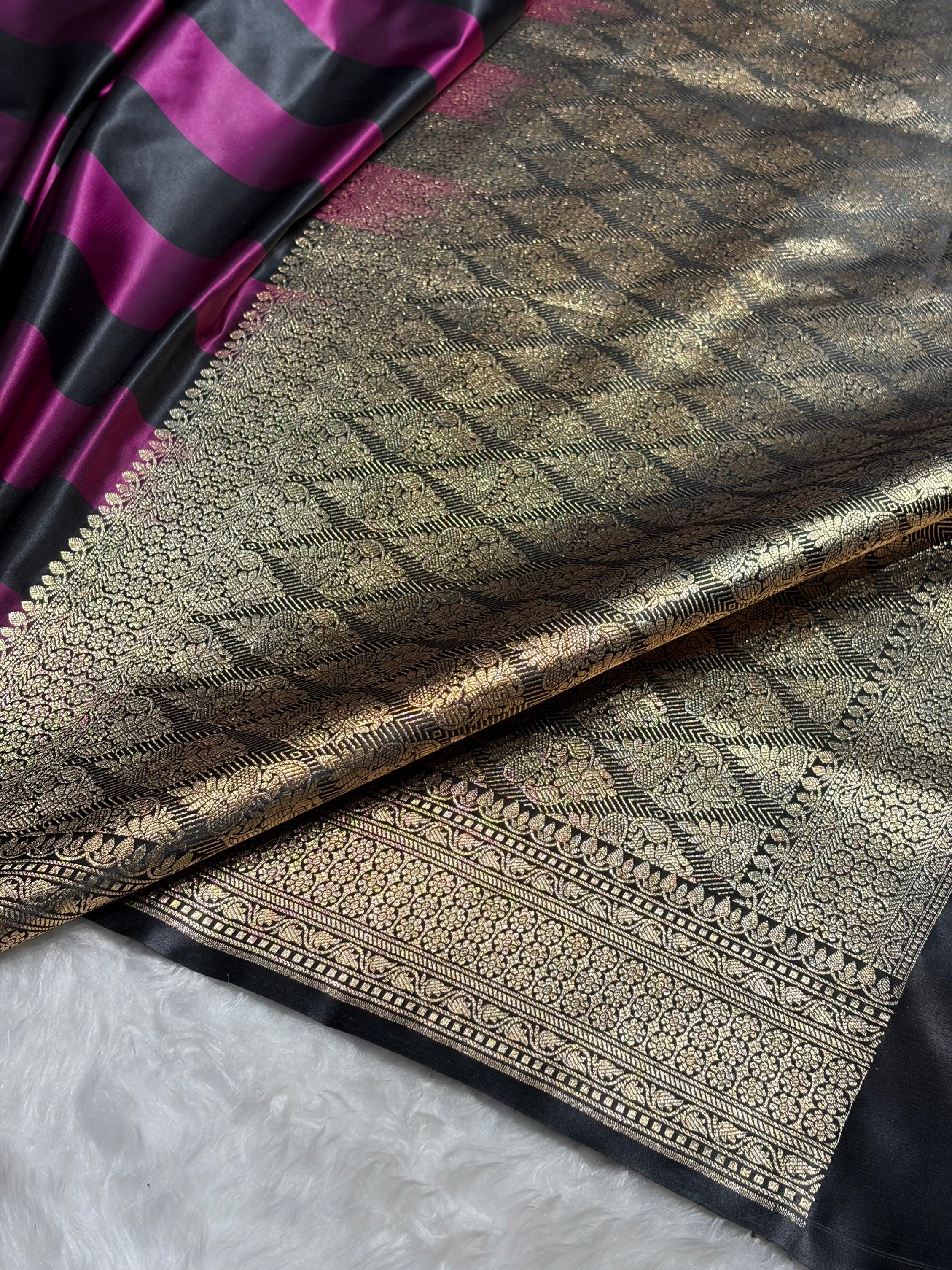 Wine With Black Horizontal Strips Floral Border & Brocket Blouse Mashru Silk Saree MSM-84