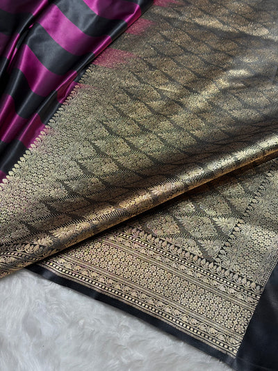 Wine With Black Horizontal Strips Floral Border & Brocket Blouse Mashru Silk Saree MSM-84