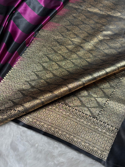 Wine With Black Horizontal Strips Floral Border & Brocket Blouse Mashru Silk Saree MSM-84