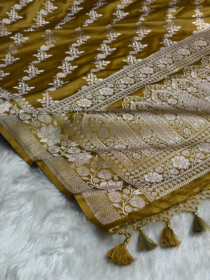 Dusty Mustard Shades Banarasi Cross Jaal Mashru Silk Saree MS18