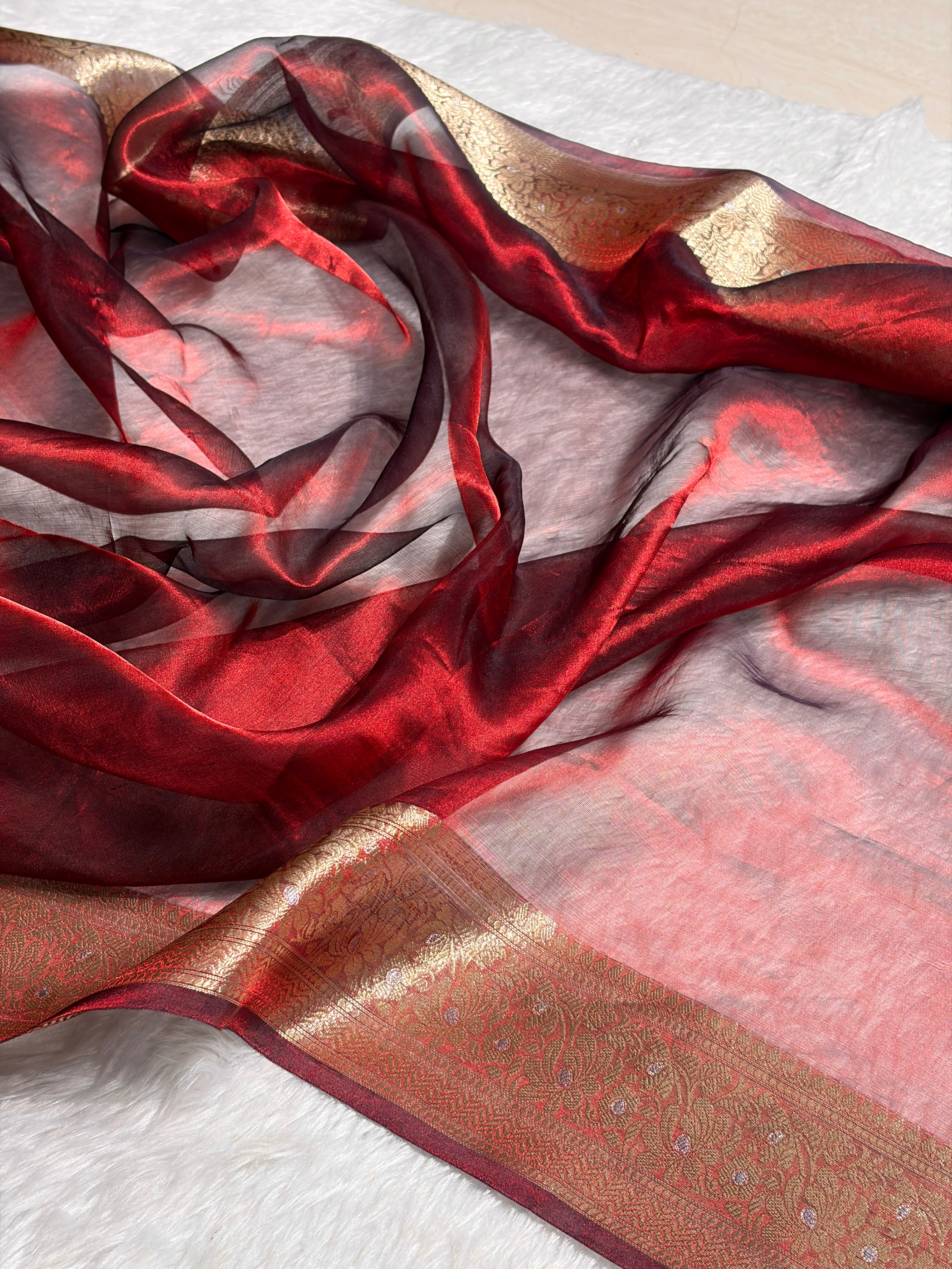 Cross Red Shades Pure Tissue Silk Saree with Brocade Blouse PT-31
