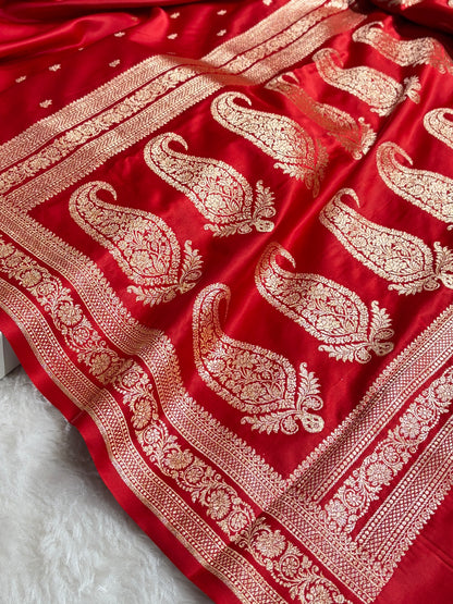 Banarasi Satin Katan Saree With Booti Pattern in Red Shades SK125