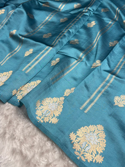 Sky Blue Shades Banarasi Handwoven Pure Paper Katan Silk  RM-66