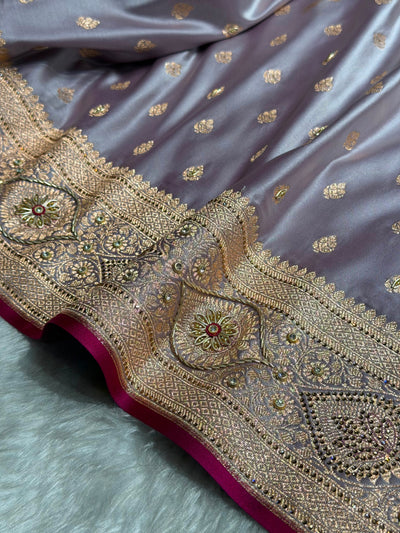 Banarasi Satin Katan Silk Saree With Ari Zardozi Work In Grape Shades BSK10